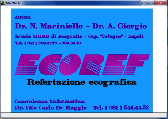 Schermata iniziale di ECOREF con gli autori Nicola Mariniello e Antonio Giorgio