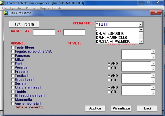 Archivio dei referti con filtri per operatore, data e organo